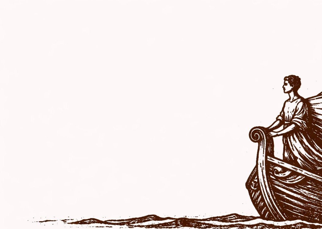 Illustration: figure at the bow of a boat (voyage metaphor).